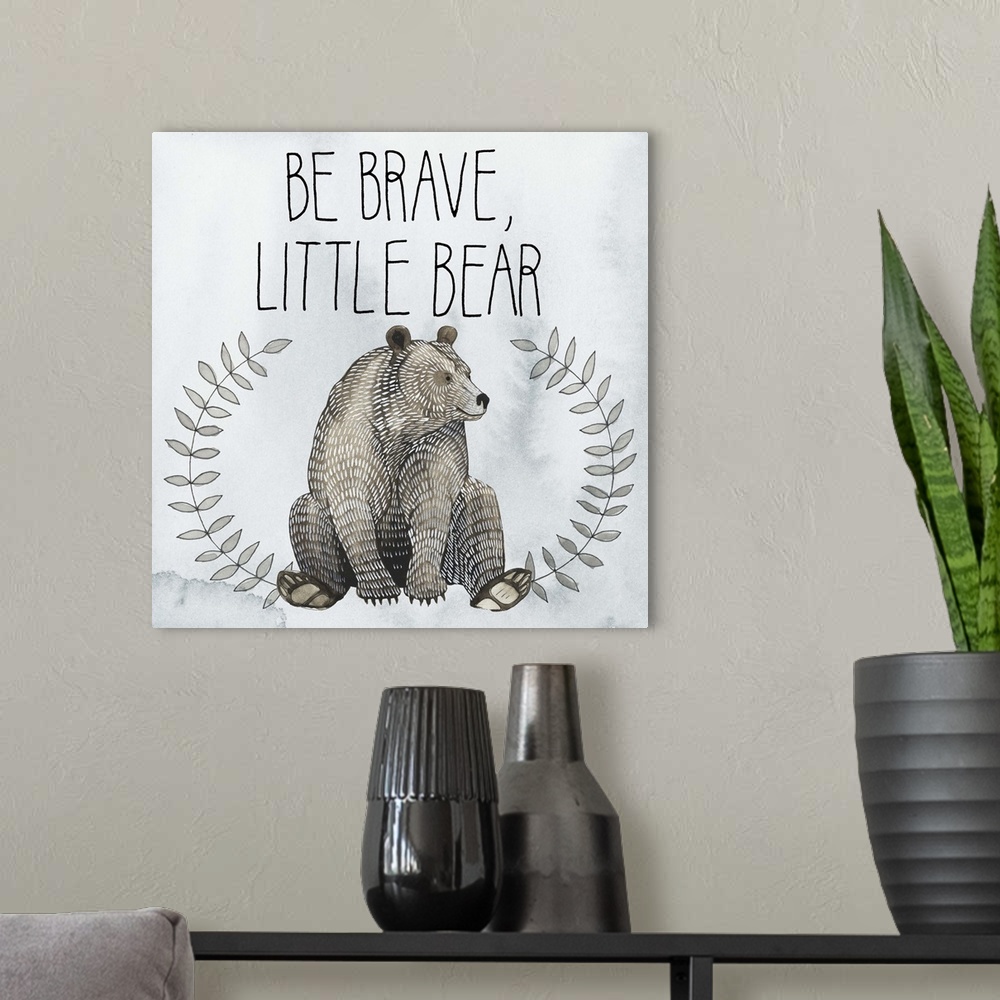 A modern room featuring Contemporary watercolor artwork of woodland animals and handlettered sentiments.