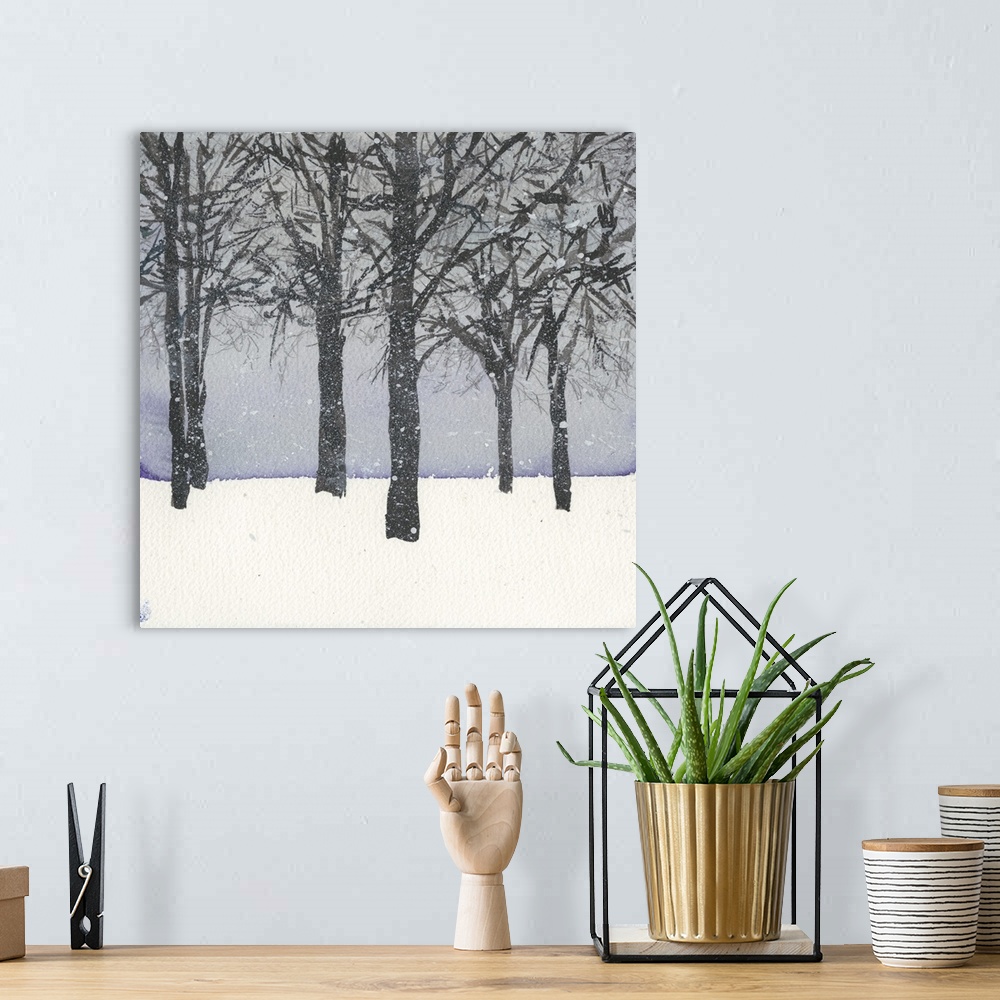 A bohemian room featuring A grove of trees in the snow with a pale blue sky.