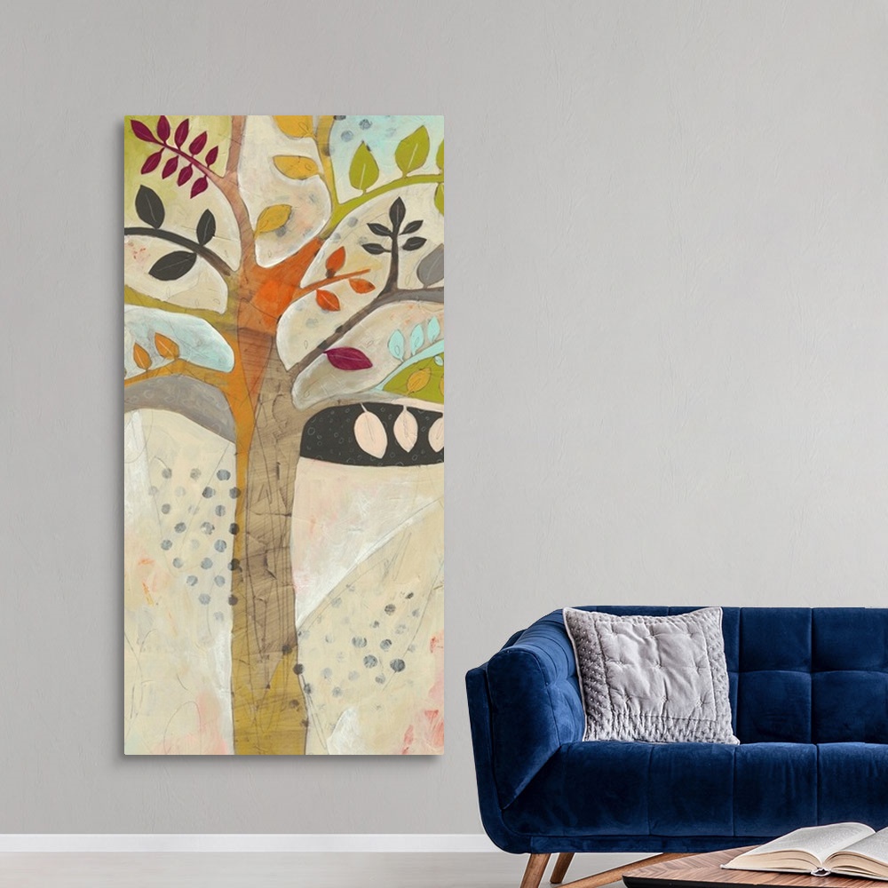 A modern room featuring Contemporary painting of a tree using muted browns, oranges and blues.