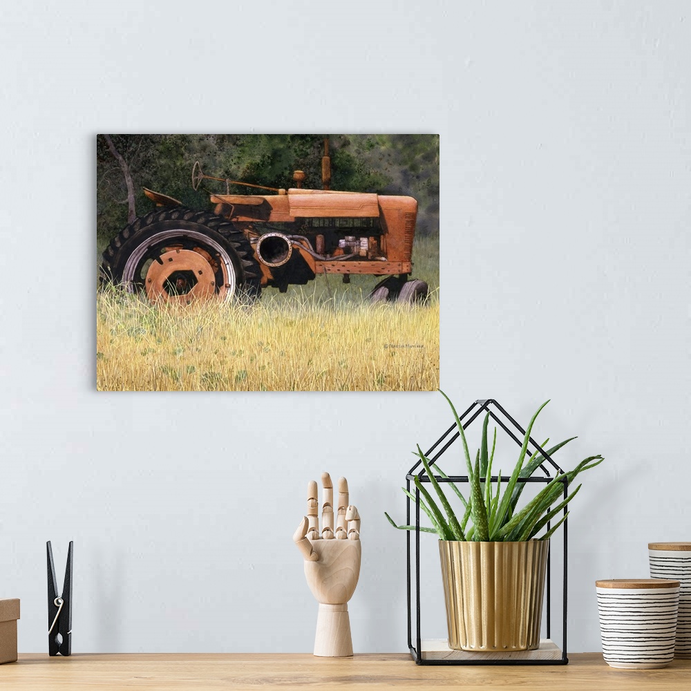 A bohemian room featuring Illustration of an old red tractor forgotten in a field.