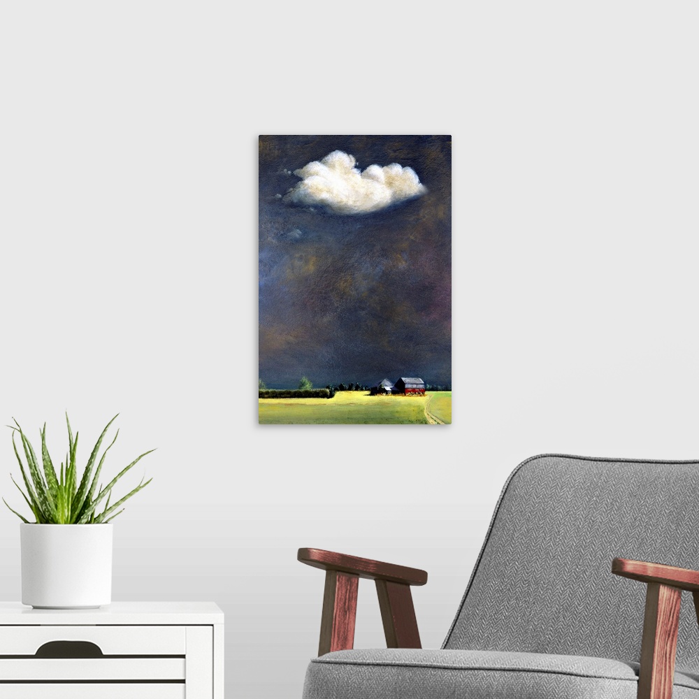 A modern room featuring Painting of a farm surround by a field with a large open sky and a single white cloud.