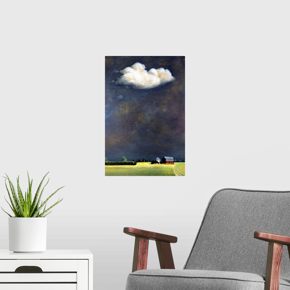 A modern room featuring Painting of a farm surround by a field with a large open sky and a single white cloud.
