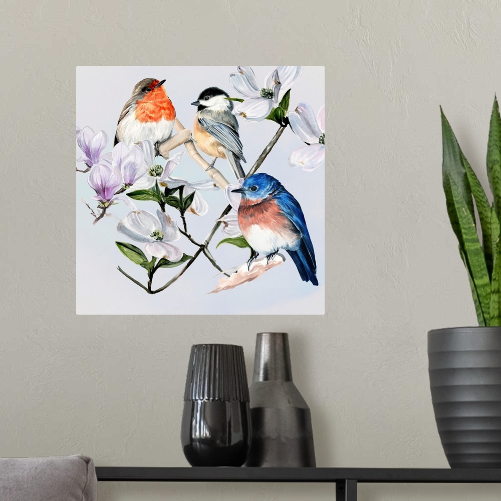 A modern room featuring Four Little Birds I