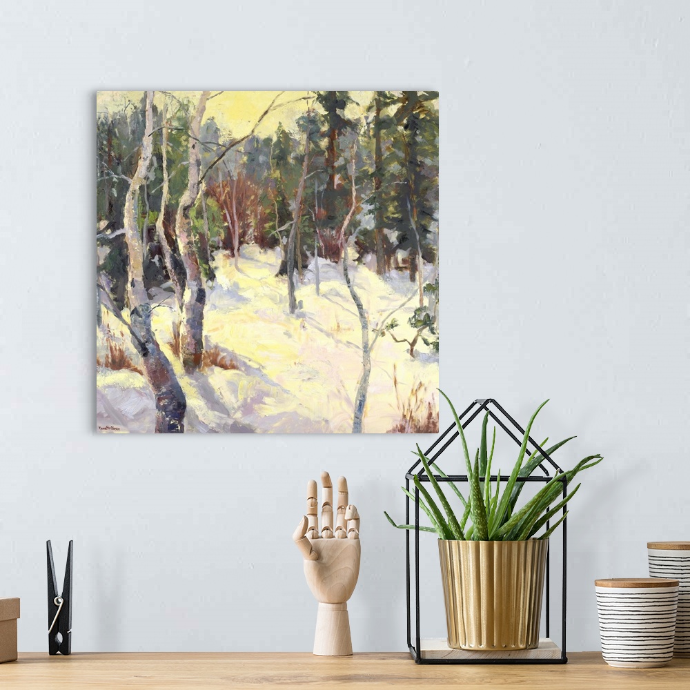 A bohemian room featuring Painting of soft light in a forest in the winter.