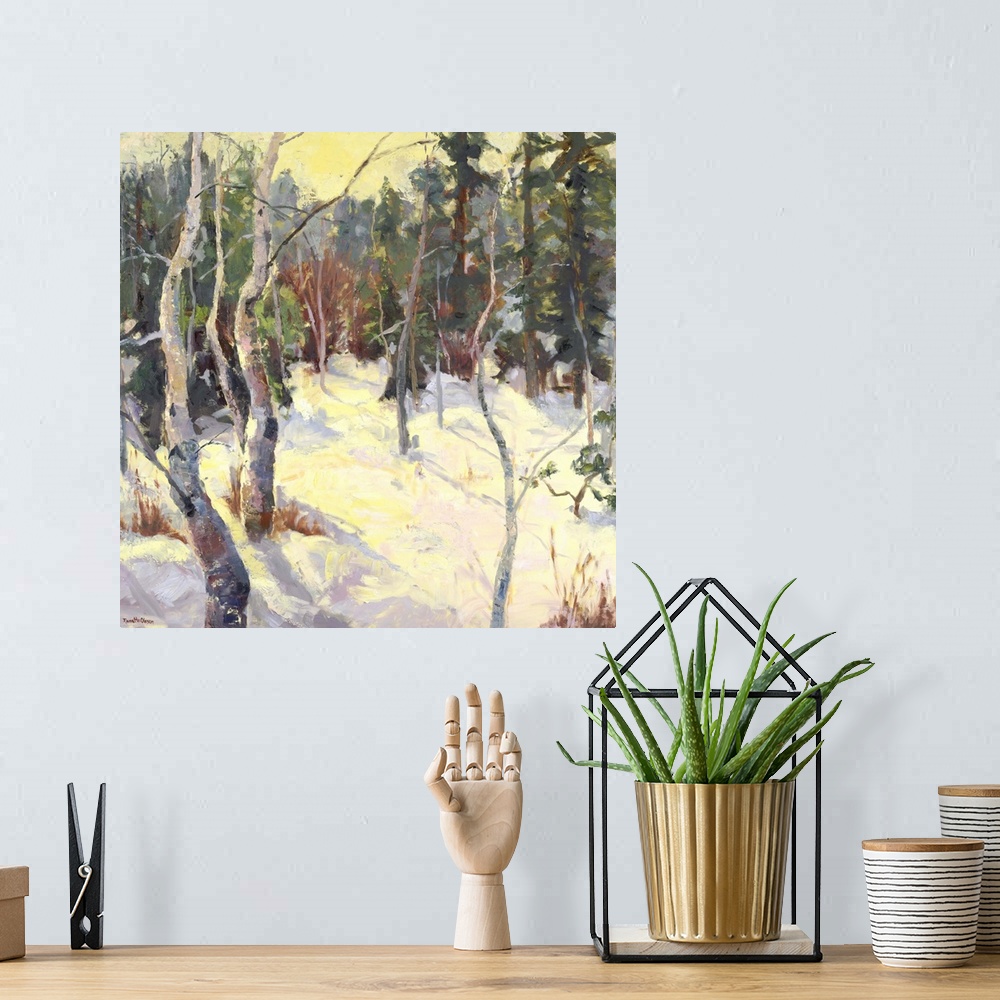 A bohemian room featuring Painting of soft light in a forest in the winter.