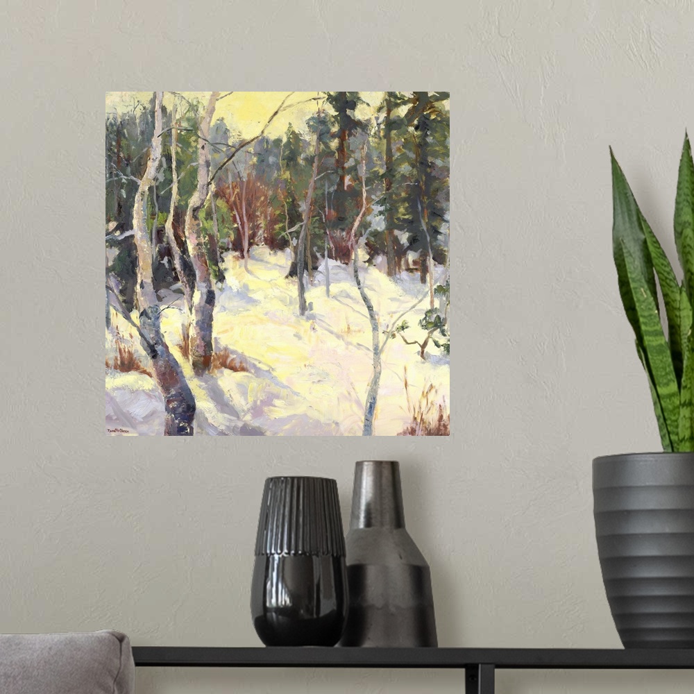 A modern room featuring Painting of soft light in a forest in the winter.