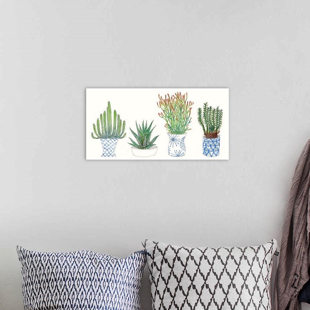 A bohemian room featuring Cute illustrations of four potted succulents of varying sizes and shapes.