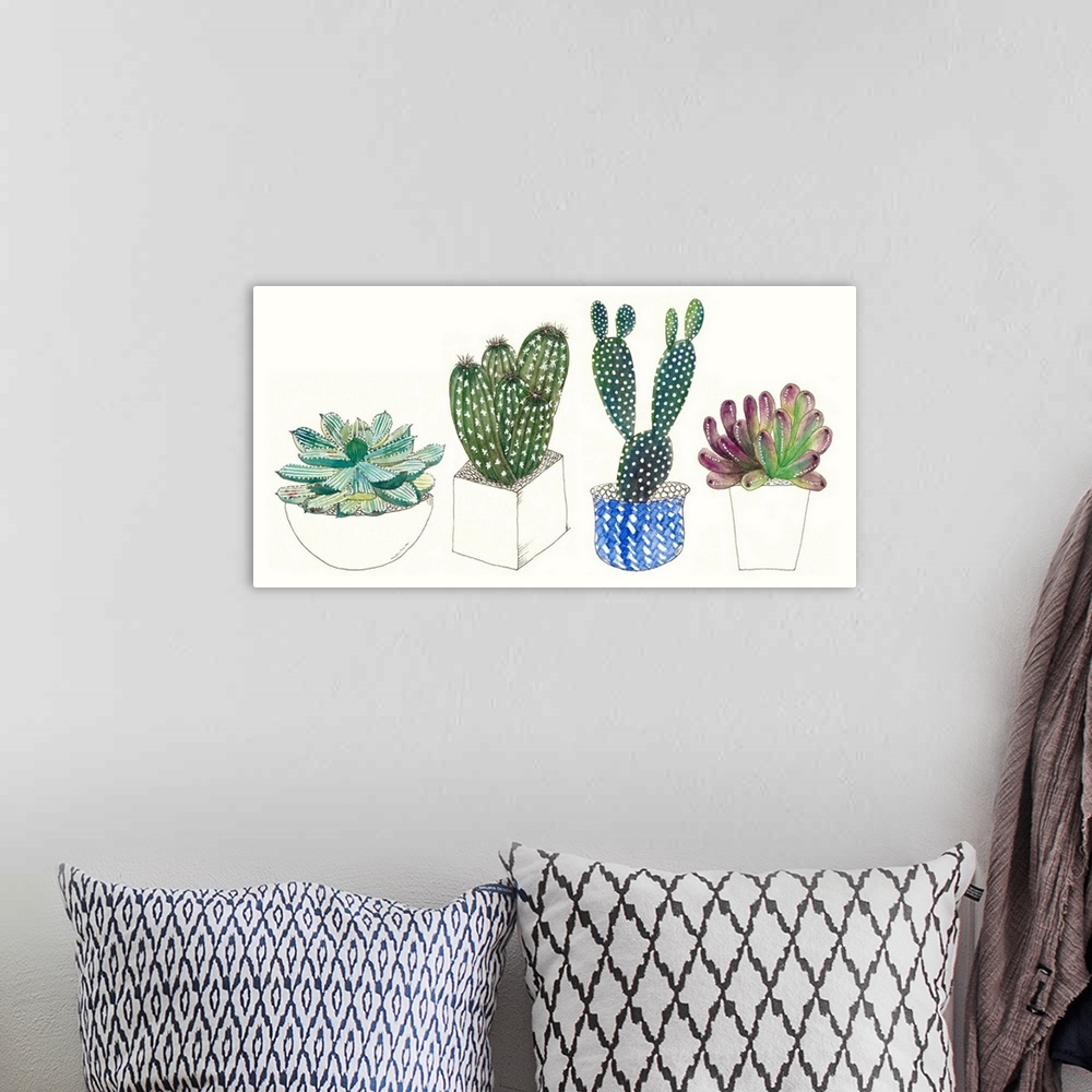 A bohemian room featuring Cute illustrations of four potted succulents of varying sizes and shapes.