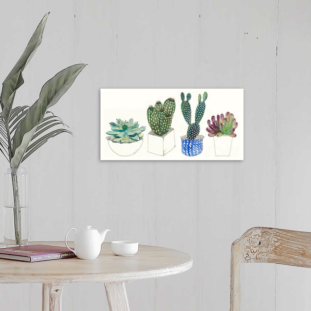 A farmhouse room featuring Cute illustrations of four potted succulents of varying sizes and shapes.