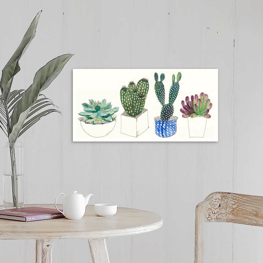 A farmhouse room featuring Cute illustrations of four potted succulents of varying sizes and shapes.