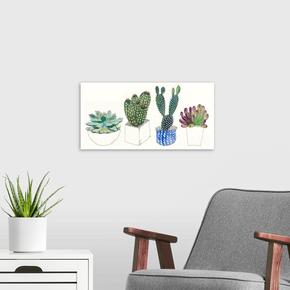 A modern room featuring Cute illustrations of four potted succulents of varying sizes and shapes.
