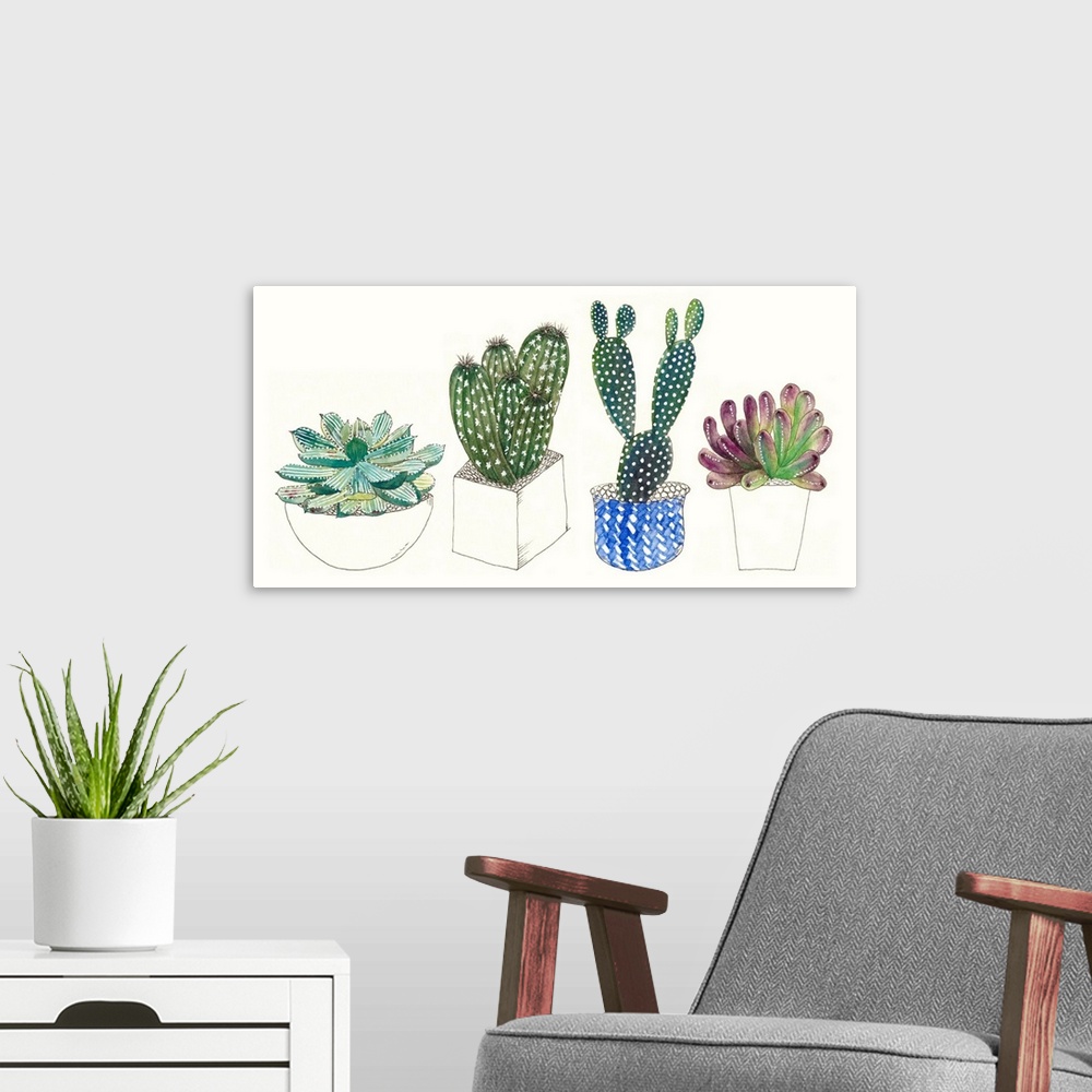 A modern room featuring Cute illustrations of four potted succulents of varying sizes and shapes.