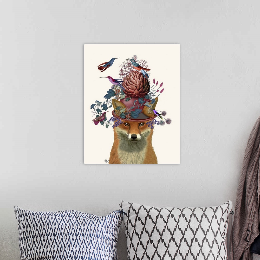 A bohemian room featuring Digital illustration of a fox wearing a hat covered with flowers on an artichoke surrounded by bi...