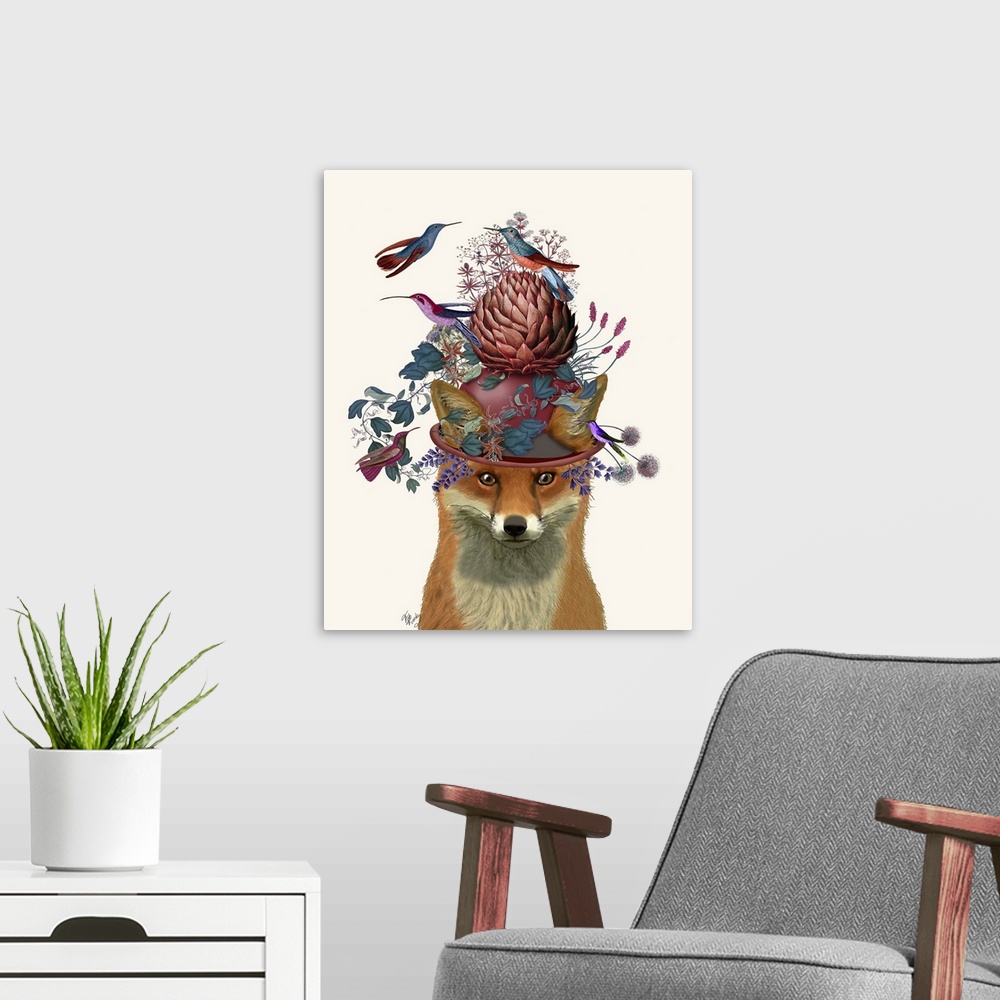 A modern room featuring Digital illustration of a fox wearing a hat covered with flowers on an artichoke surrounded by bi...