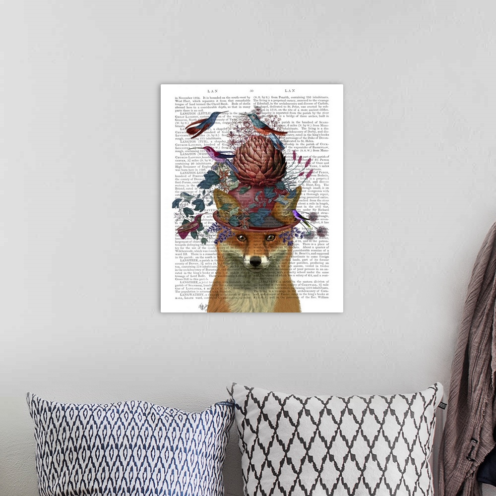 A bohemian room featuring Digital illustration of a fox wearing a hat covered with flowers on a artichoke surrounded by bir...