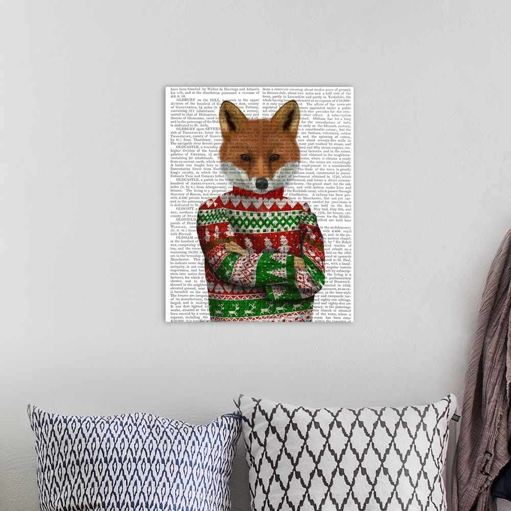 A bohemian room featuring Decorative artwork of a fox wearing a Christmas sweater, painted on the page of a book.