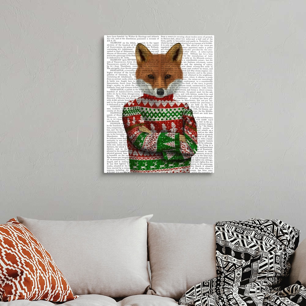 A bohemian room featuring Decorative artwork of a fox wearing a Christmas sweater, painted on the page of a book.