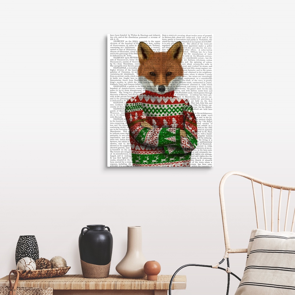 A farmhouse room featuring Decorative artwork of a fox wearing a Christmas sweater, painted on the page of a book.
