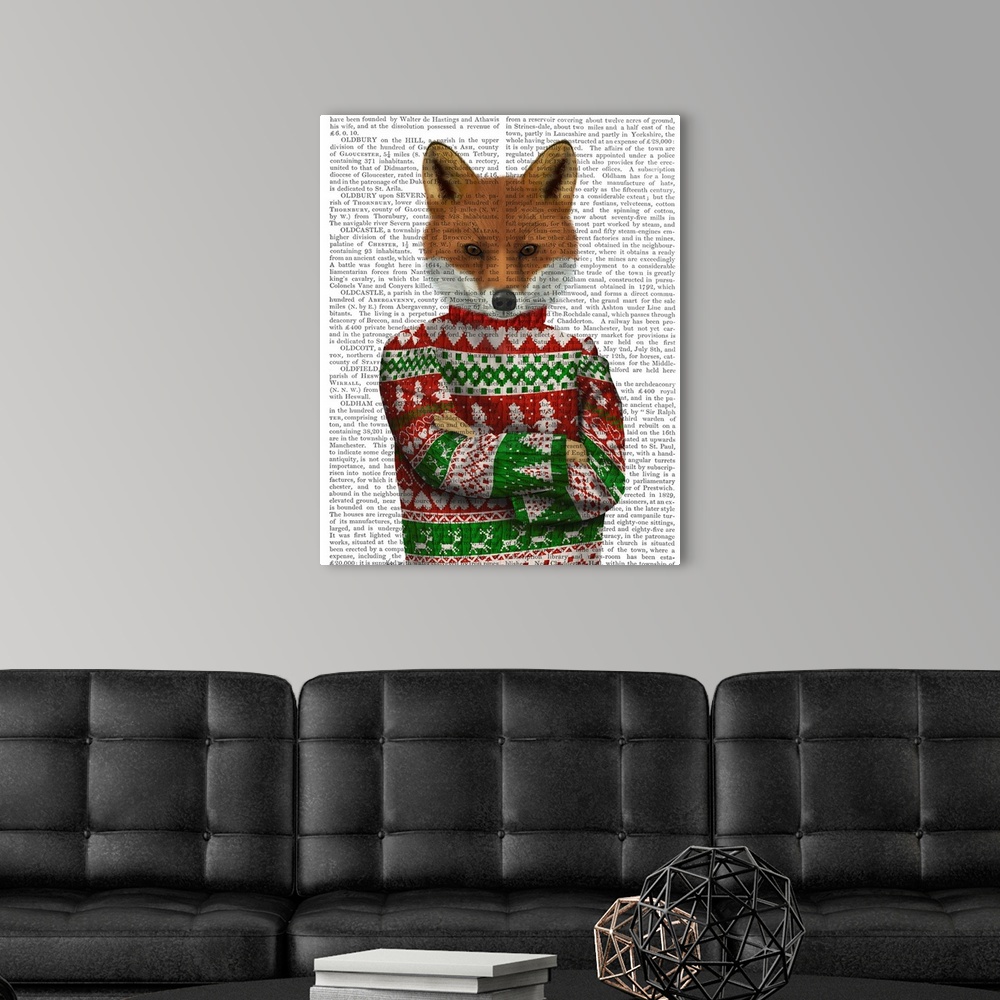 A modern room featuring Decorative artwork of a fox wearing a Christmas sweater, painted on the page of a book.