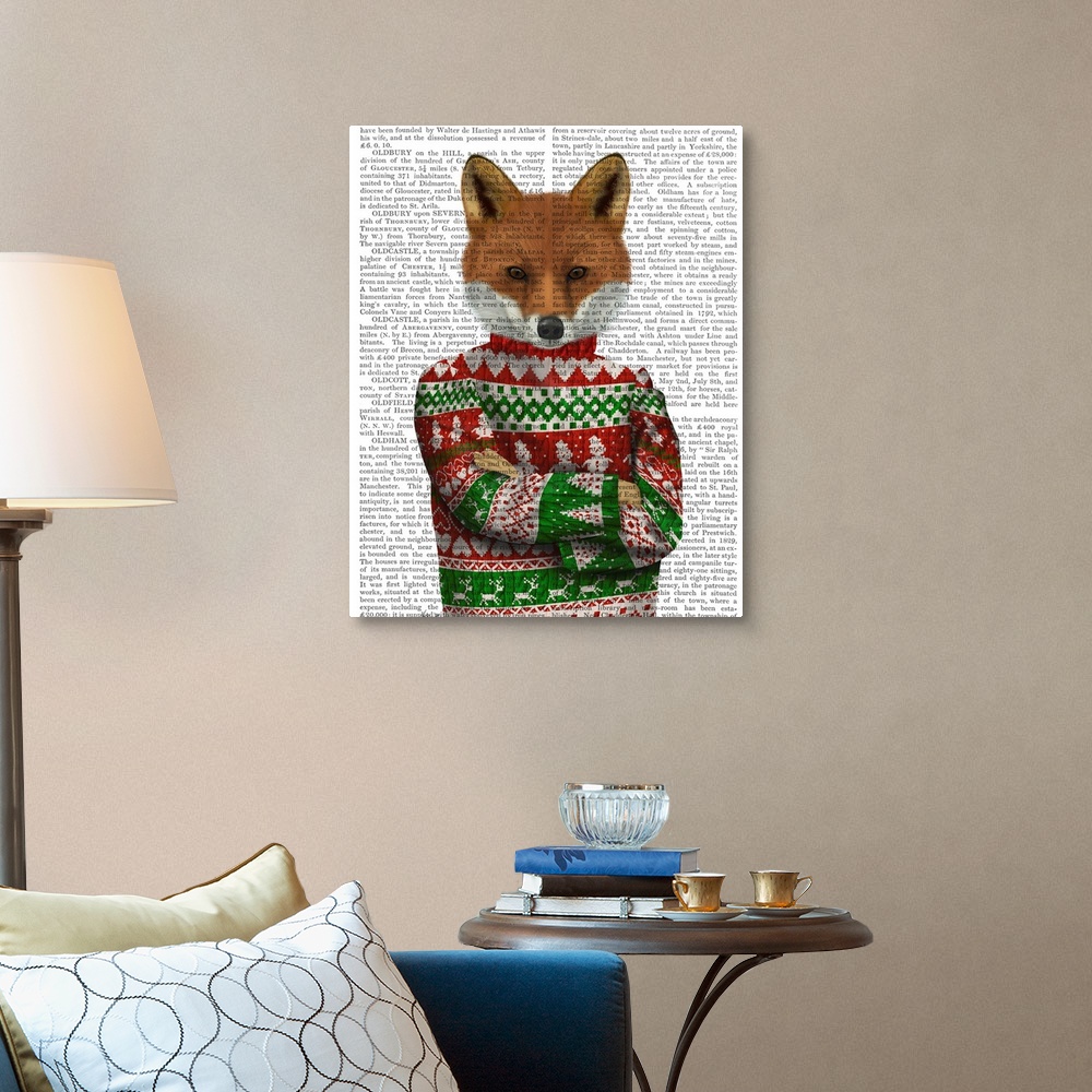 A traditional room featuring Decorative artwork of a fox wearing a Christmas sweater, painted on the page of a book.
