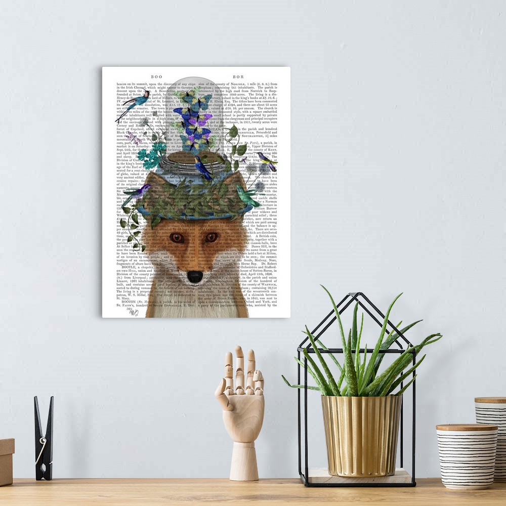 A bohemian room featuring Decorative artwork with a fox balancing a bell jar with butterflies flying inside on top of its h...