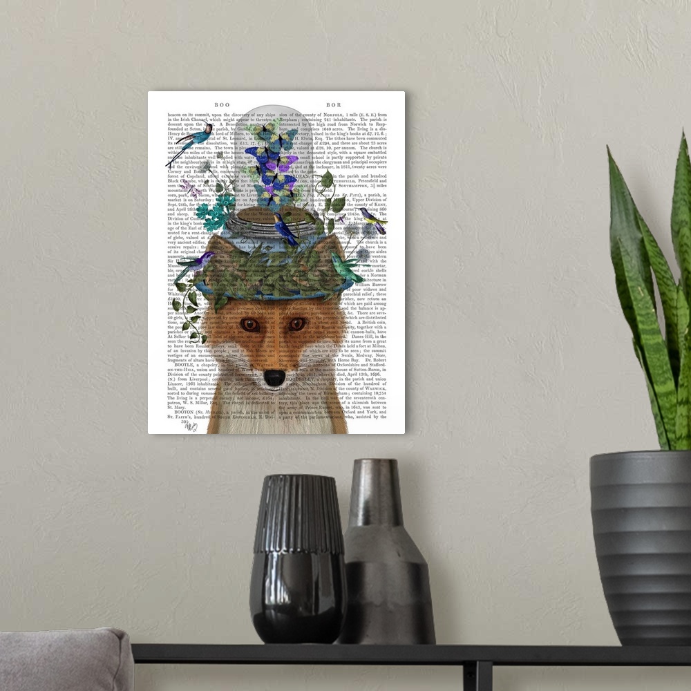 A modern room featuring Decorative artwork with a fox balancing a bell jar with butterflies flying inside on top of its h...