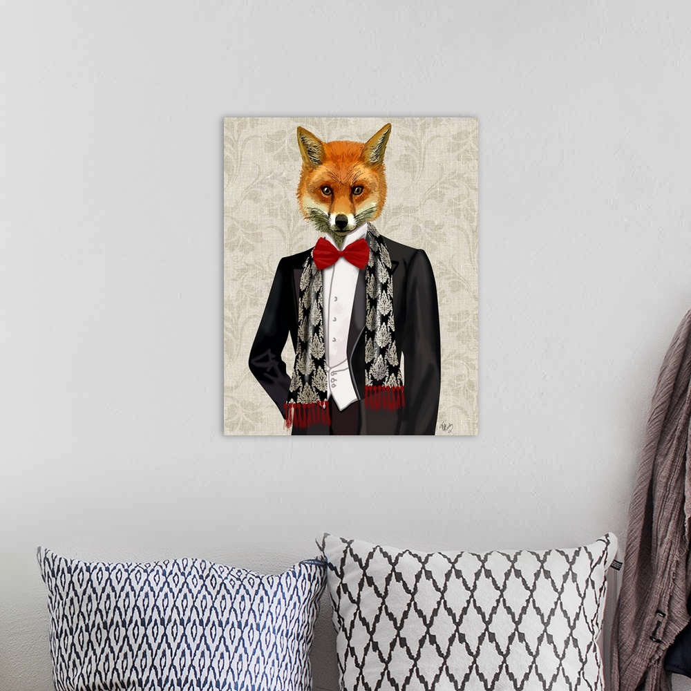 A bohemian room featuring An anthropomorphic fox wearing a suit with a red bow tie.