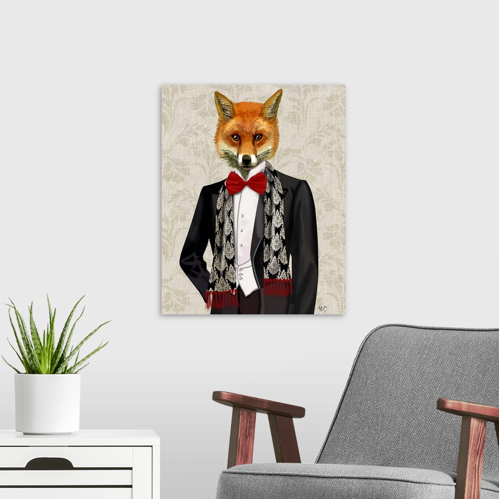 A modern room featuring An anthropomorphic fox wearing a suit with a red bow tie.