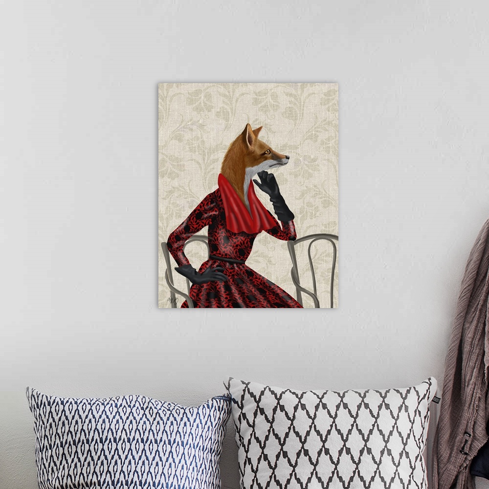 A bohemian room featuring An anthropomorphic vixen wearing a red gown and scarf.