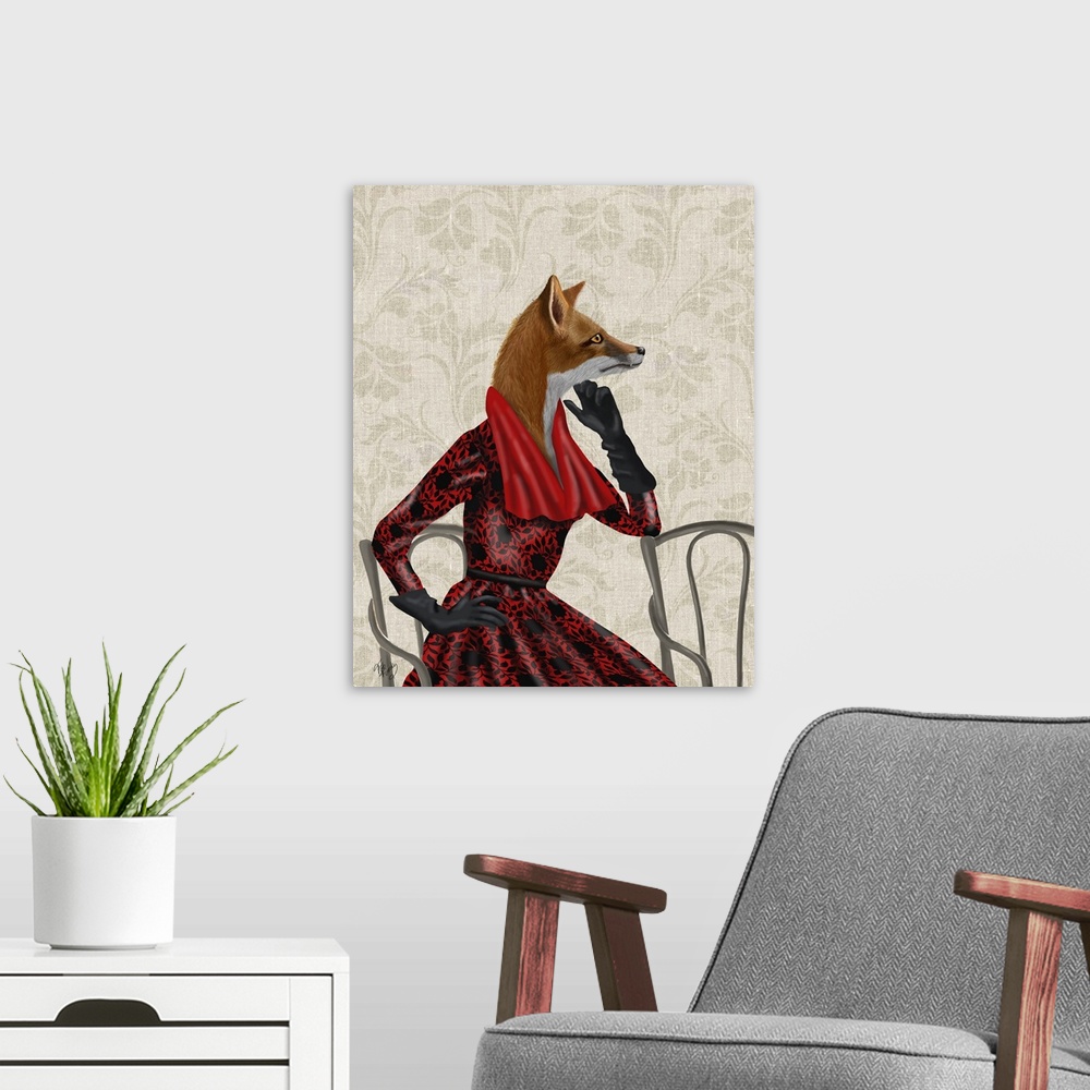 A modern room featuring An anthropomorphic vixen wearing a red gown and scarf.