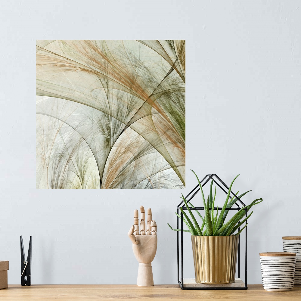A bohemian room featuring Abstract artwork of grass like patterns scattered across this large square piece.