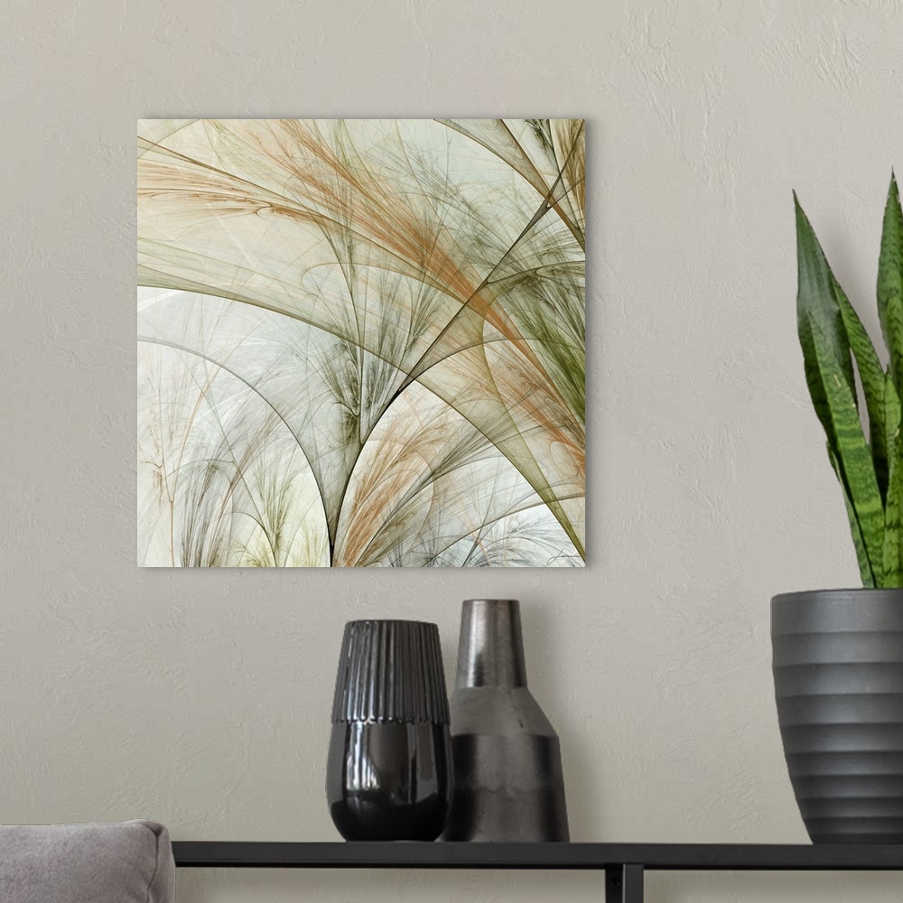A modern room featuring Abstract artwork of grass like patterns scattered across this large square piece.