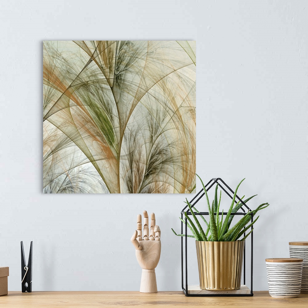 A bohemian room featuring Fractal patterns on this square shaped art work look like abstract stems of plants.
