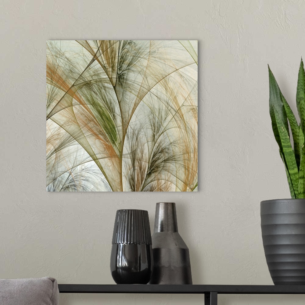 A modern room featuring Fractal patterns on this square shaped art work look like abstract stems of plants.
