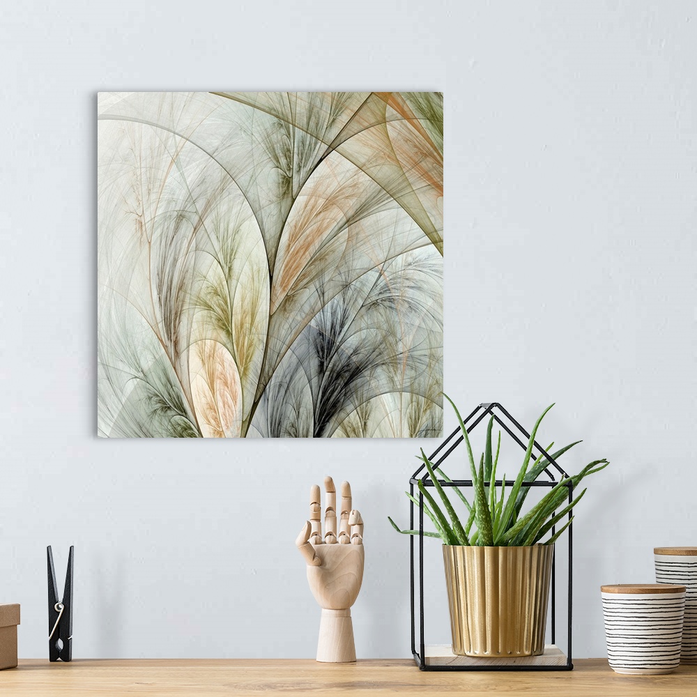A bohemian room featuring Square painting on canvas of silhouetted grass layered on top of each other.
