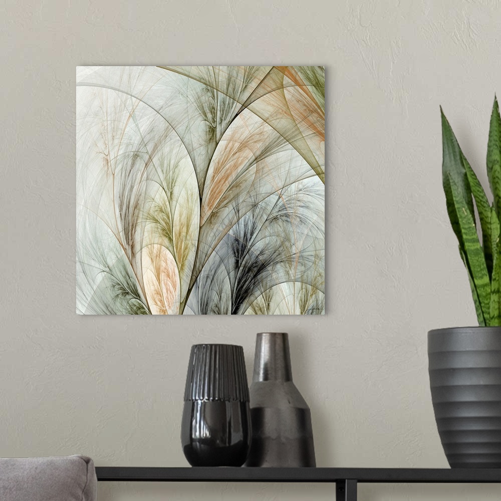 A modern room featuring Square painting on canvas of silhouetted grass layered on top of each other.