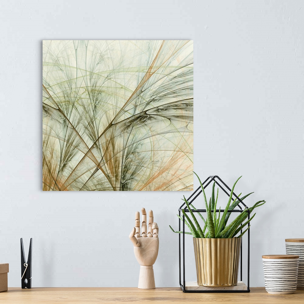 A bohemian room featuring Abstract artwork that consists of grass like patterns in various colors and going in several diff...