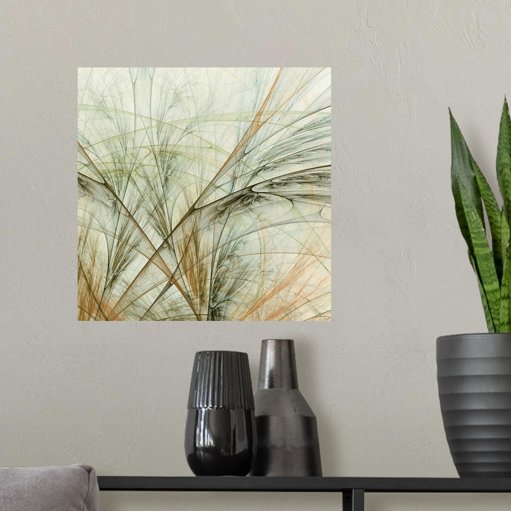 A modern room featuring Abstract artwork that consists of grass like patterns in various colors and going in several diff...