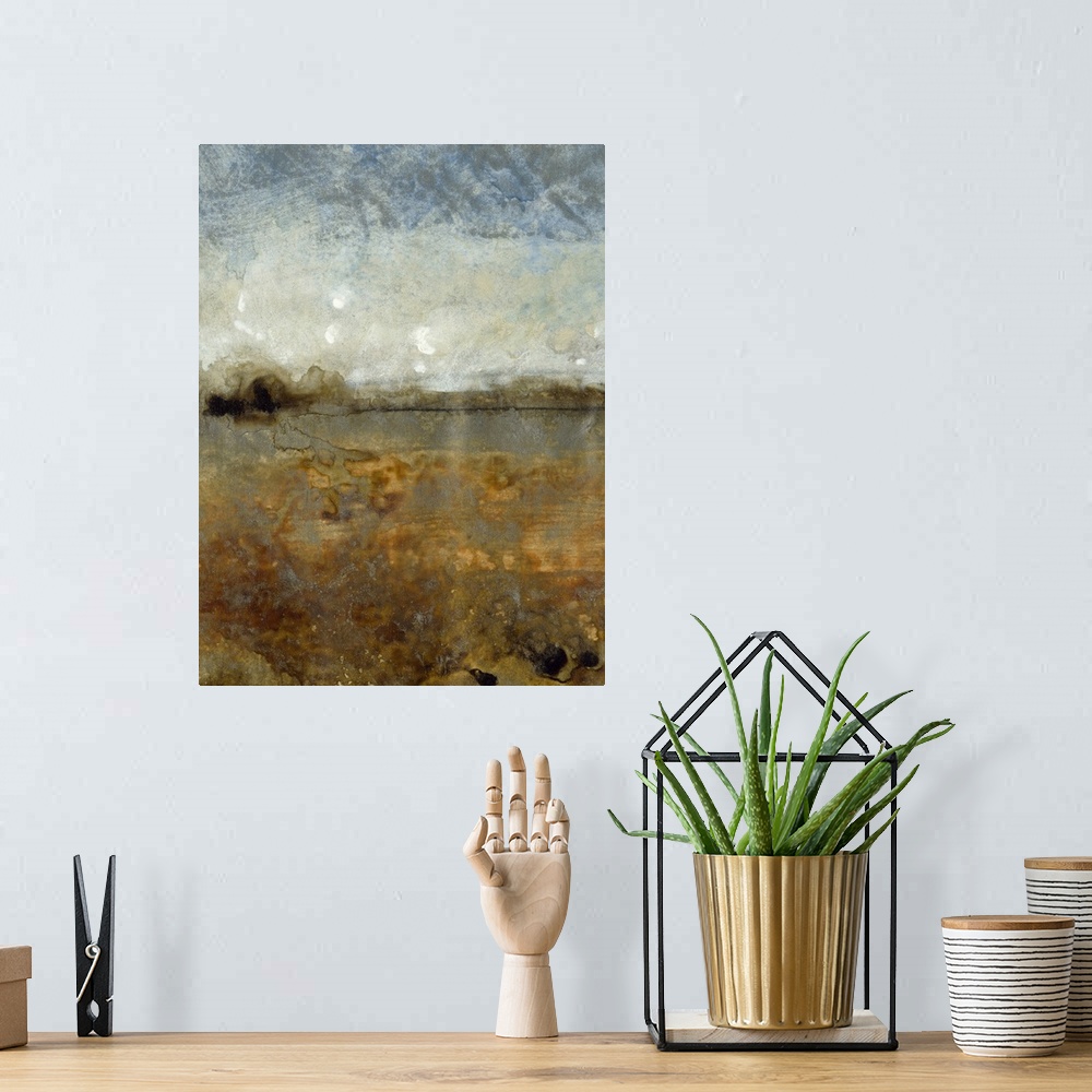 A bohemian room featuring Contemporary abstract painting of what resembles an earthy toned landscape.