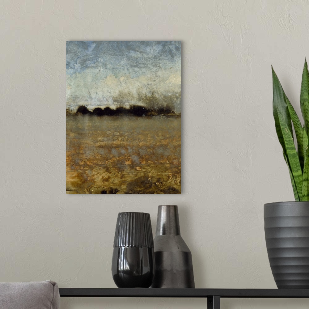 A modern room featuring Contemporary abstract painting of what resembles an earthy toned landscape.