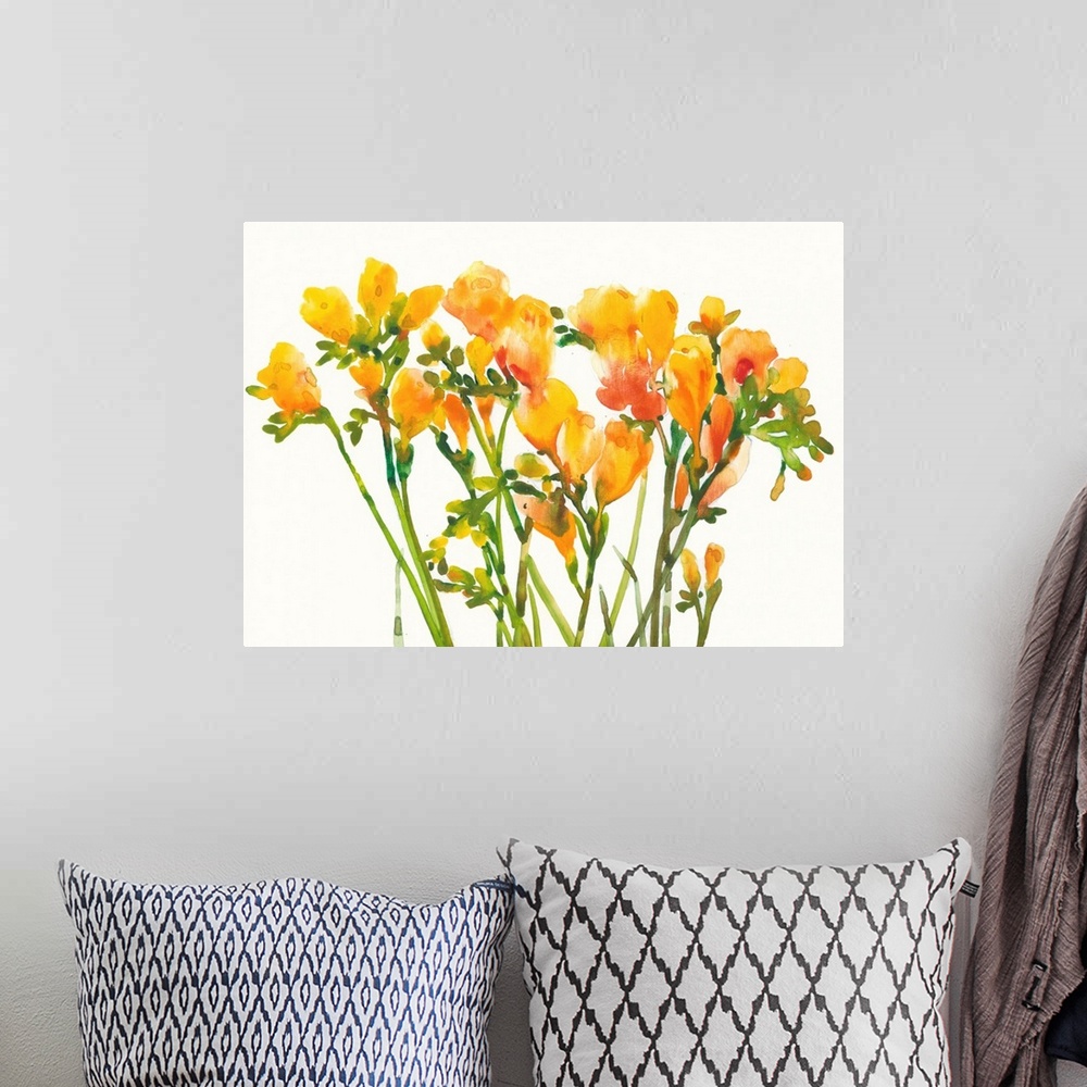 A bohemian room featuring Vibrant orange flowers together against a light cream background.