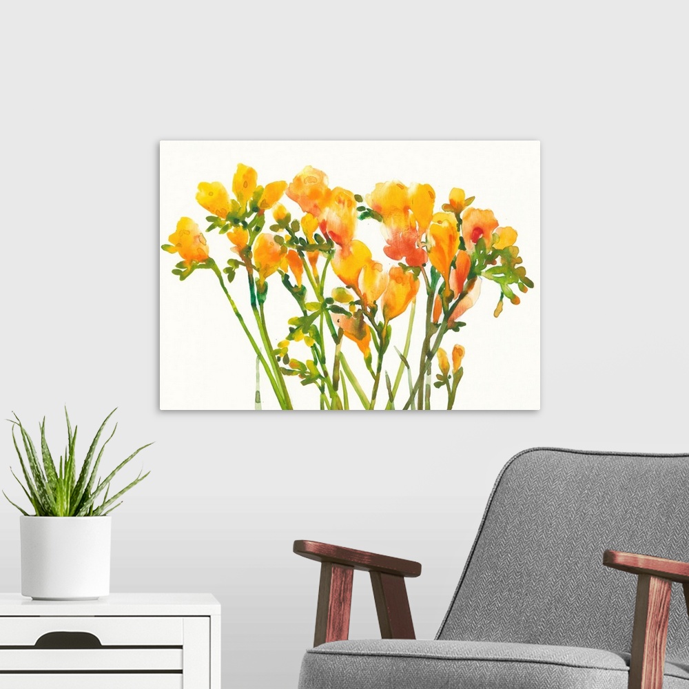 A modern room featuring Vibrant orange flowers together against a light cream background.
