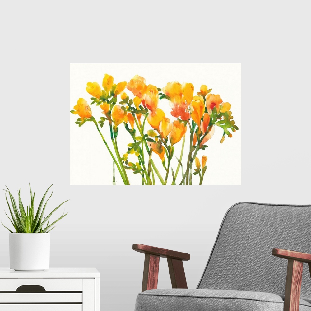 A modern room featuring Vibrant orange flowers together against a light cream background.