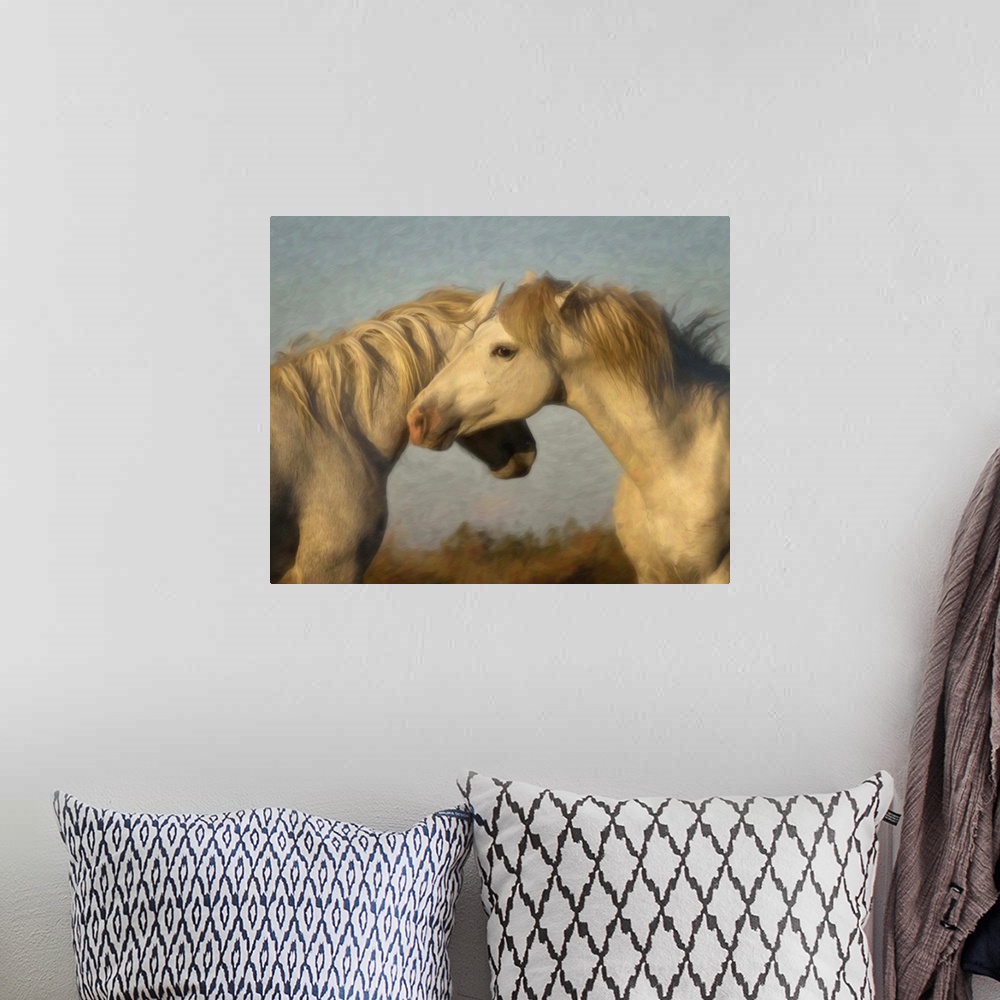 A bohemian room featuring Photograph of two white horses nuzzling each other.