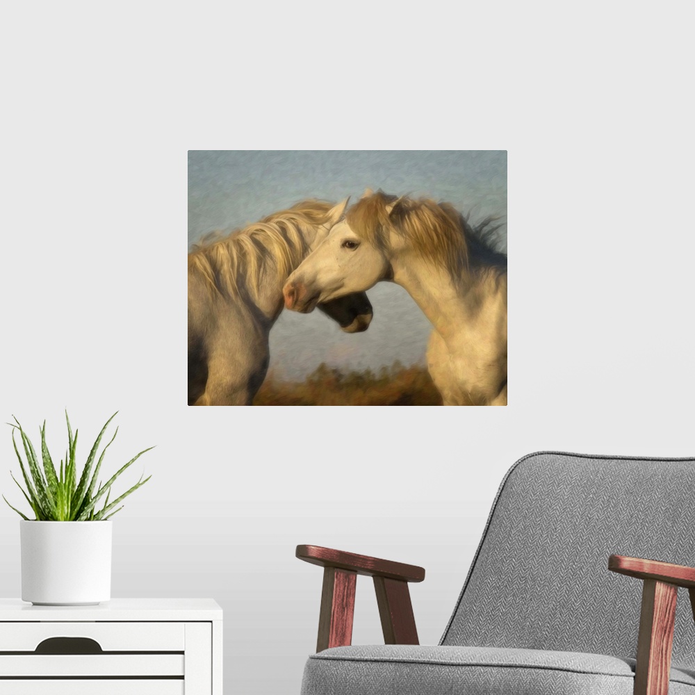 A modern room featuring Photograph of two white horses nuzzling each other.