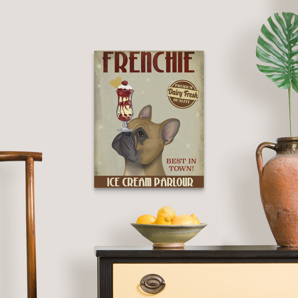 A traditional room featuring Decorative artwork of a French Bulldog Frenchie balancing an ice cream sundae on its nose in an a...