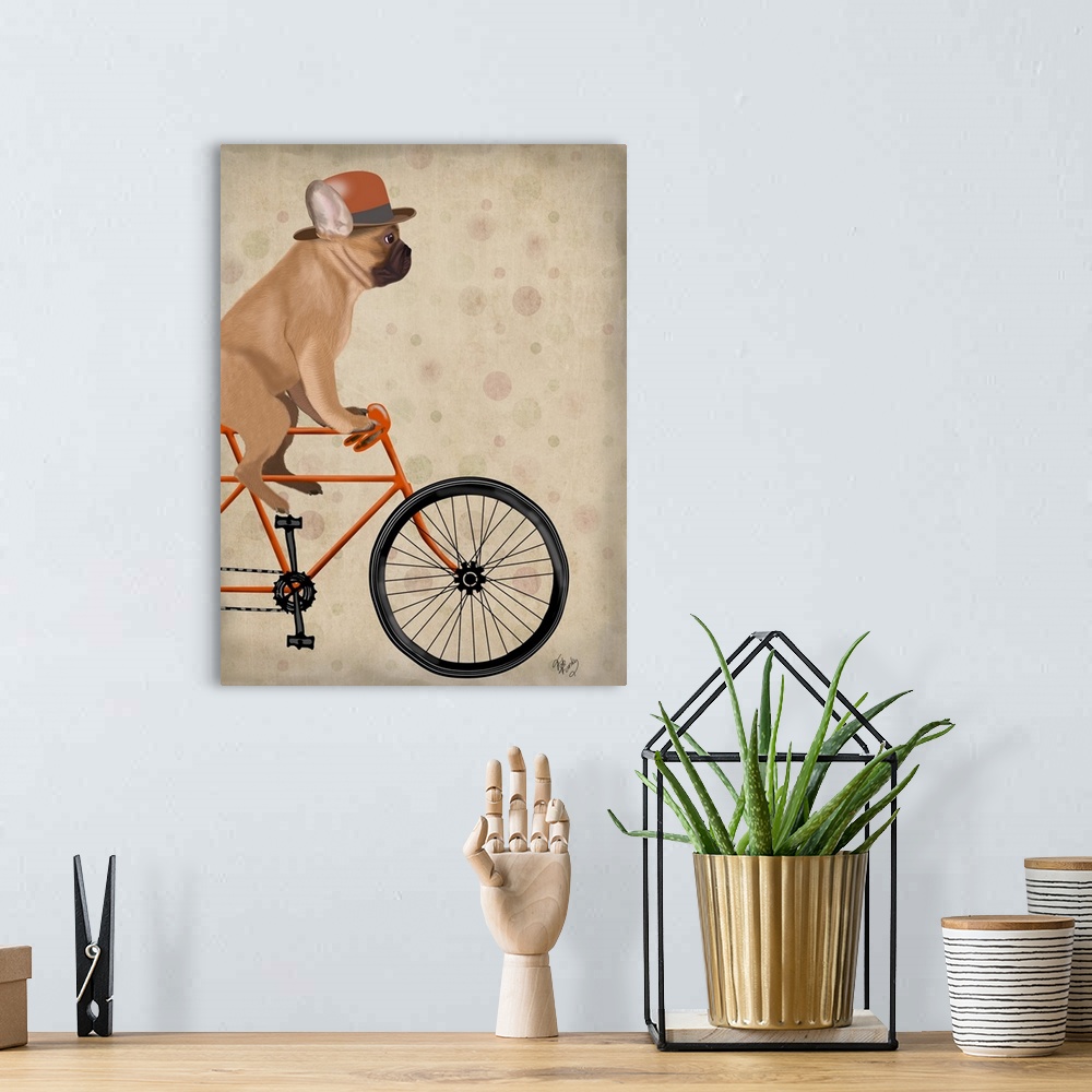 A bohemian room featuring Decorative artwork of a French Bulldog riding on an orange bicycle and wearing an orange top hat.