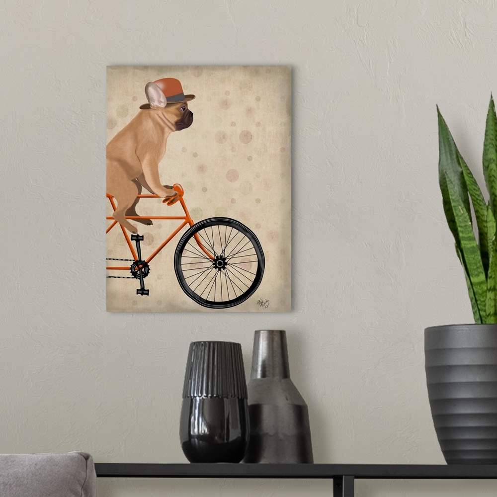 A modern room featuring Decorative artwork of a French Bulldog riding on an orange bicycle and wearing an orange top hat.