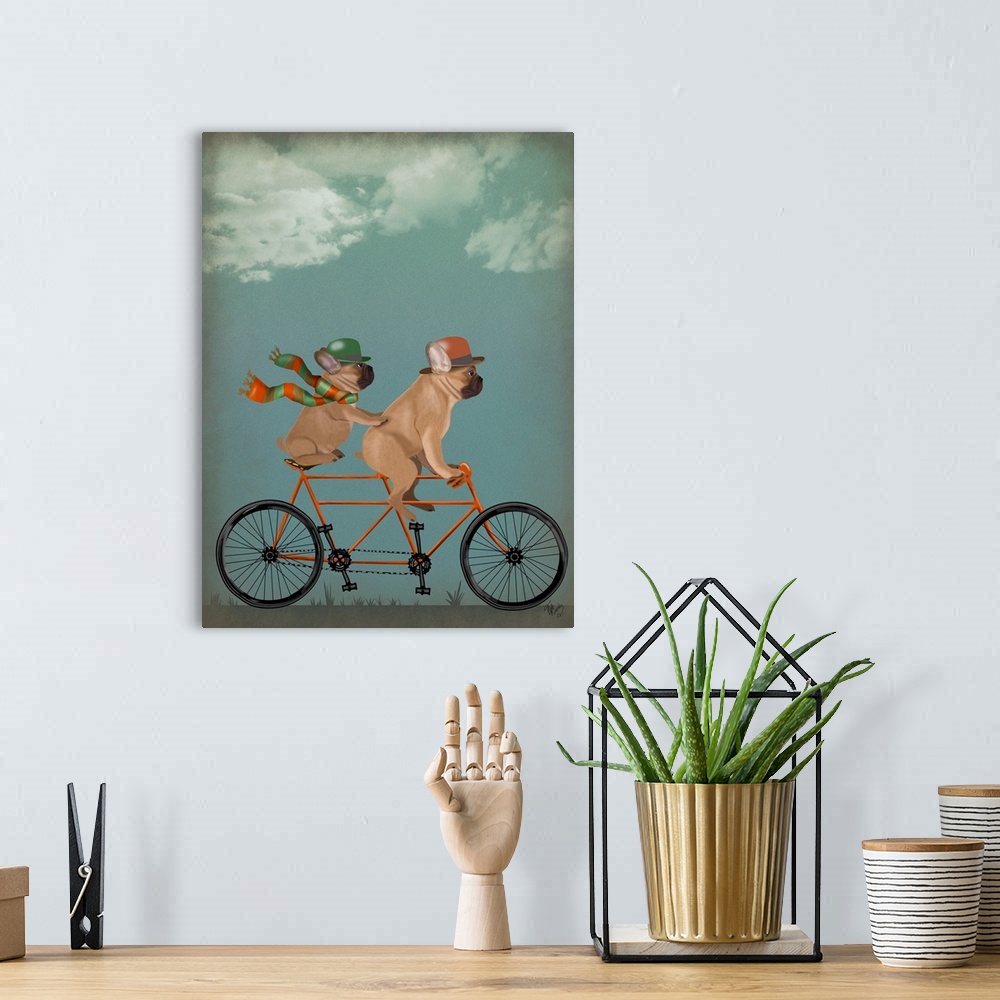 A bohemian room featuring Decorative artwork of two French Bulldogs riding on an orange tandem bicycle and wearing matching...