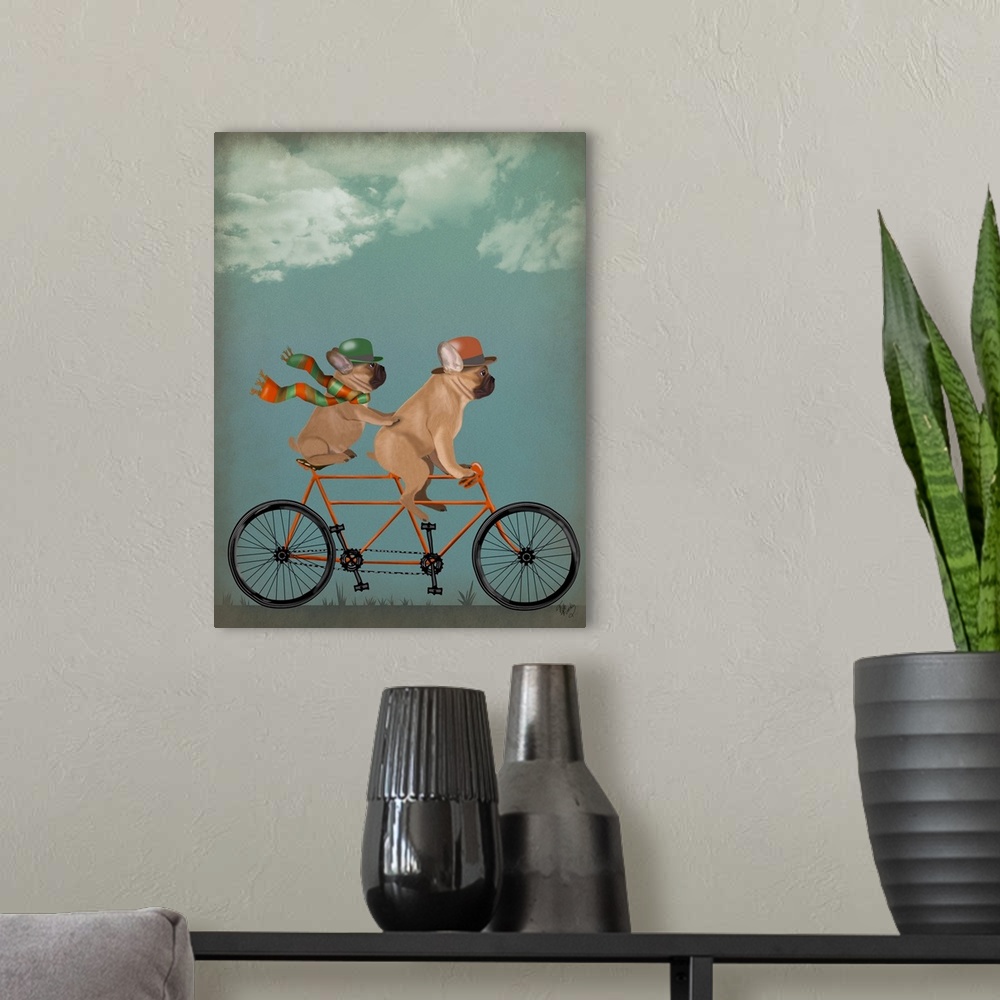 A modern room featuring Decorative artwork of two French Bulldogs riding on an orange tandem bicycle and wearing matching...